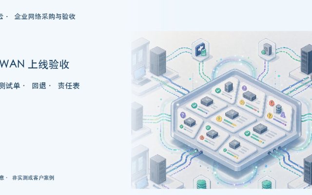 多个办公站点与网络设备连接的部署示意，标题强调业务测试和责任交接