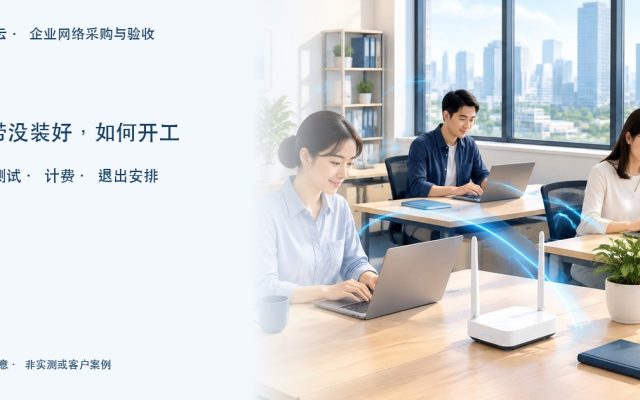 新办公室电脑与网络设备的AI场景示意，提示测试与过渡期费用安排
