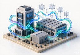 办公楼、工厂与仓库通过企业网络互联的示意图