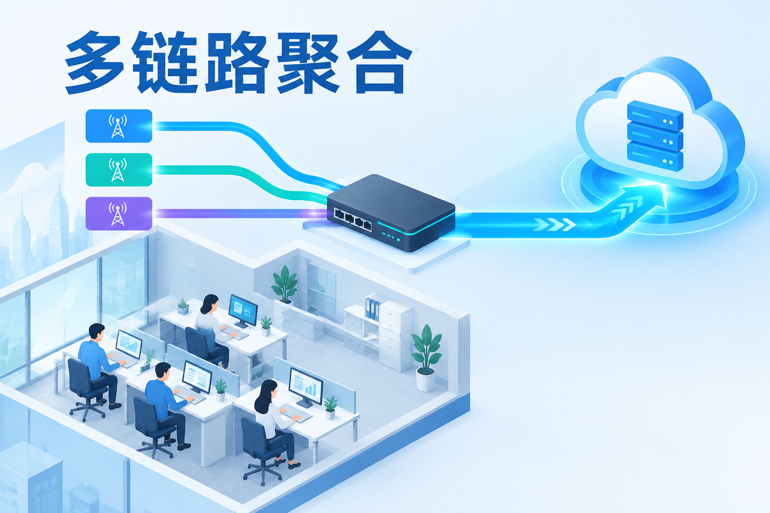 办公室多条普通宽带汇入边缘设备聚合上云的示意图