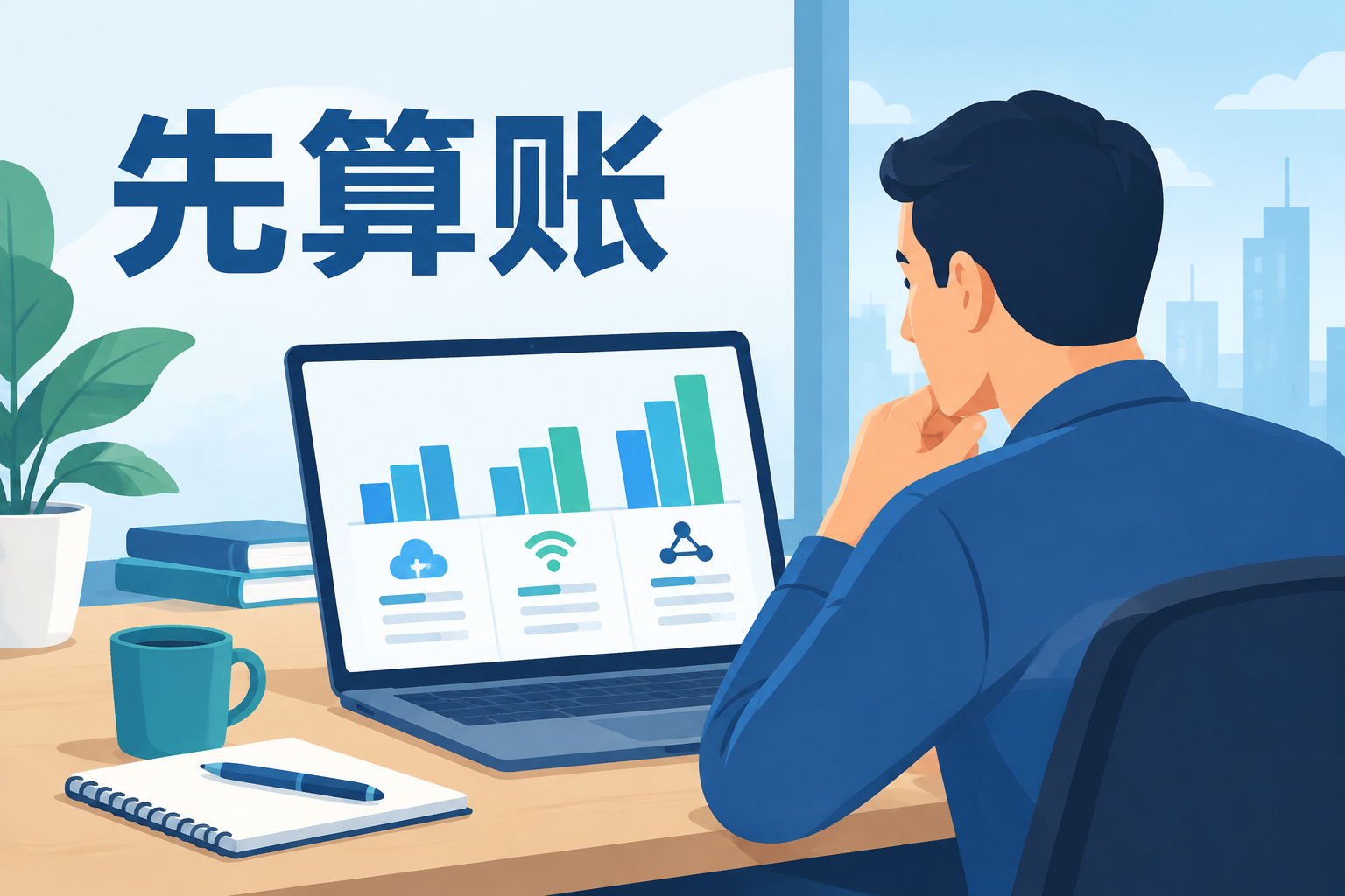 中小企业主在电脑前核算网络方案成本的示意图