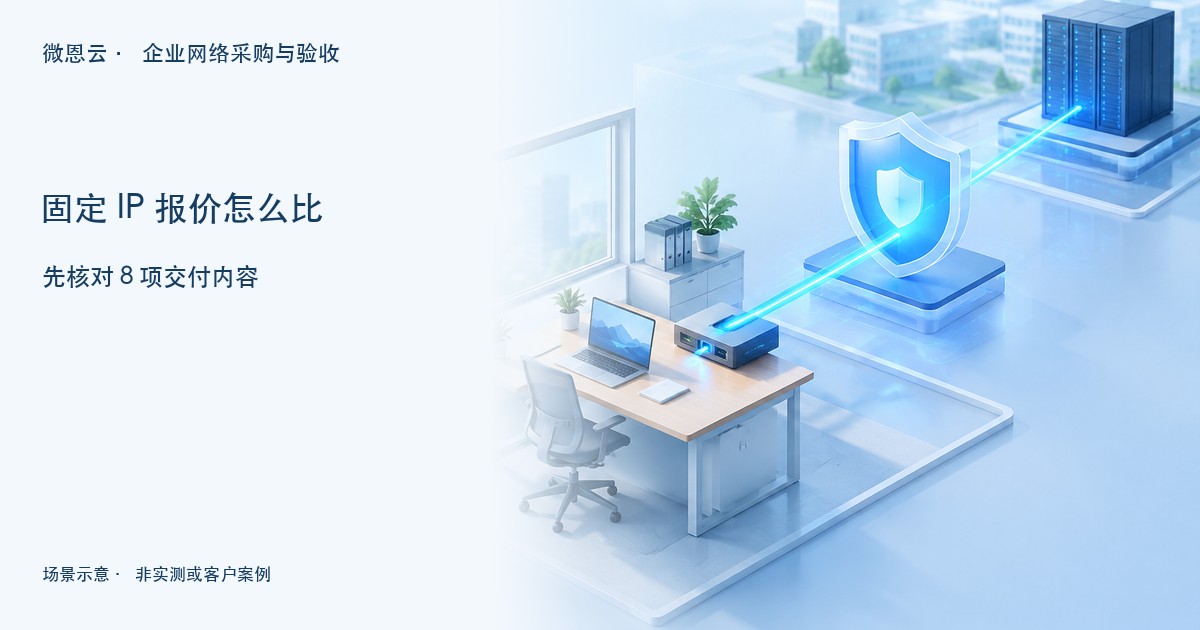 办公终端与远端系统连接示意,标题提示核对固定IP报价的8项交付内容