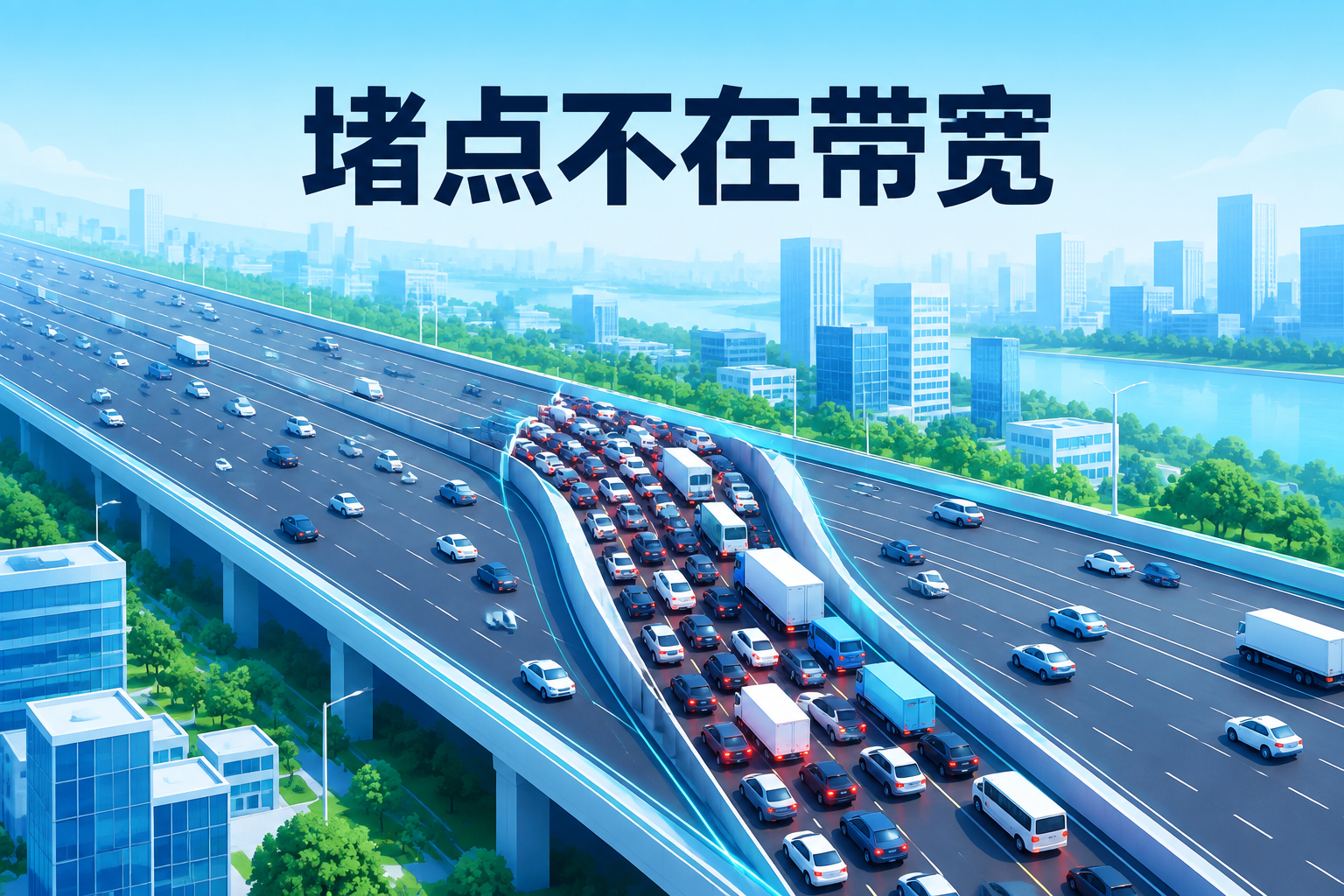 多车道高速公路在瓶颈路段堵车的比喻示意图