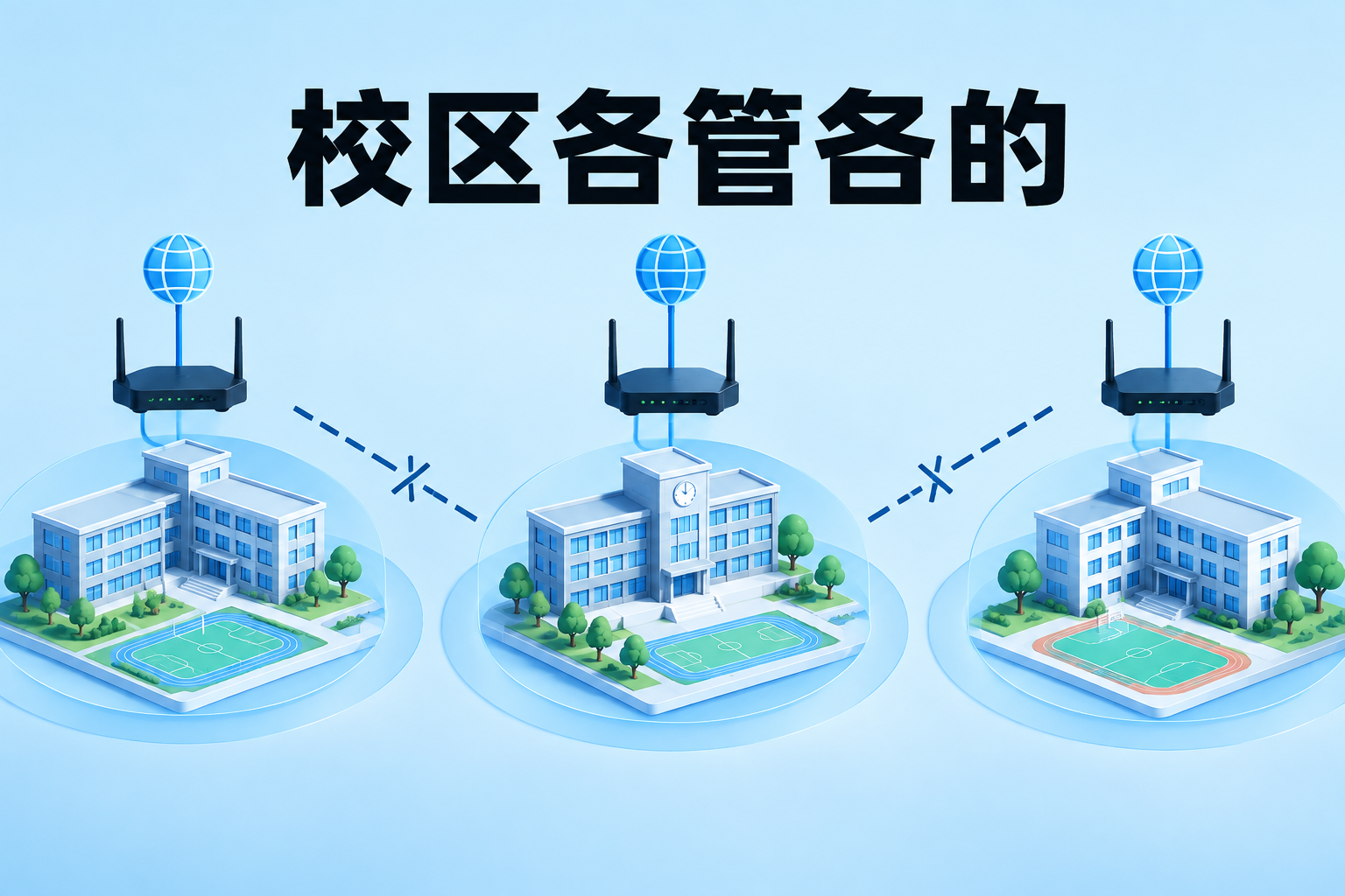 三个校区网络各自独立互不连通的示意图