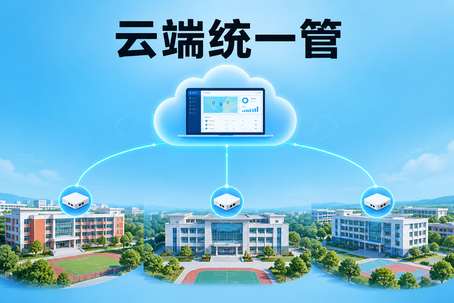 云端平台统一管理三个校区网络的示意图