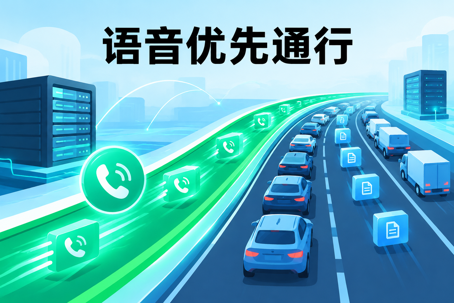语音数据包走优先通道、普通流量排队等待的示意图