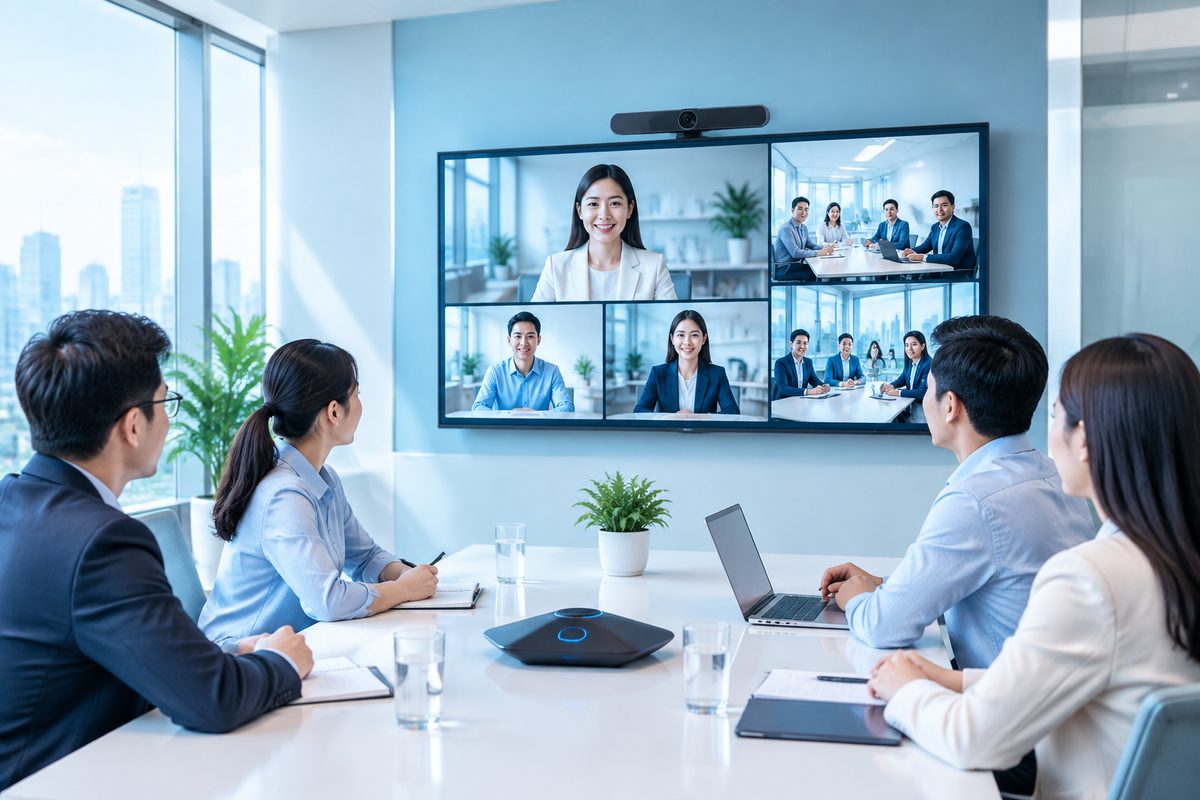 多地团队进行远程视频会议的示意图