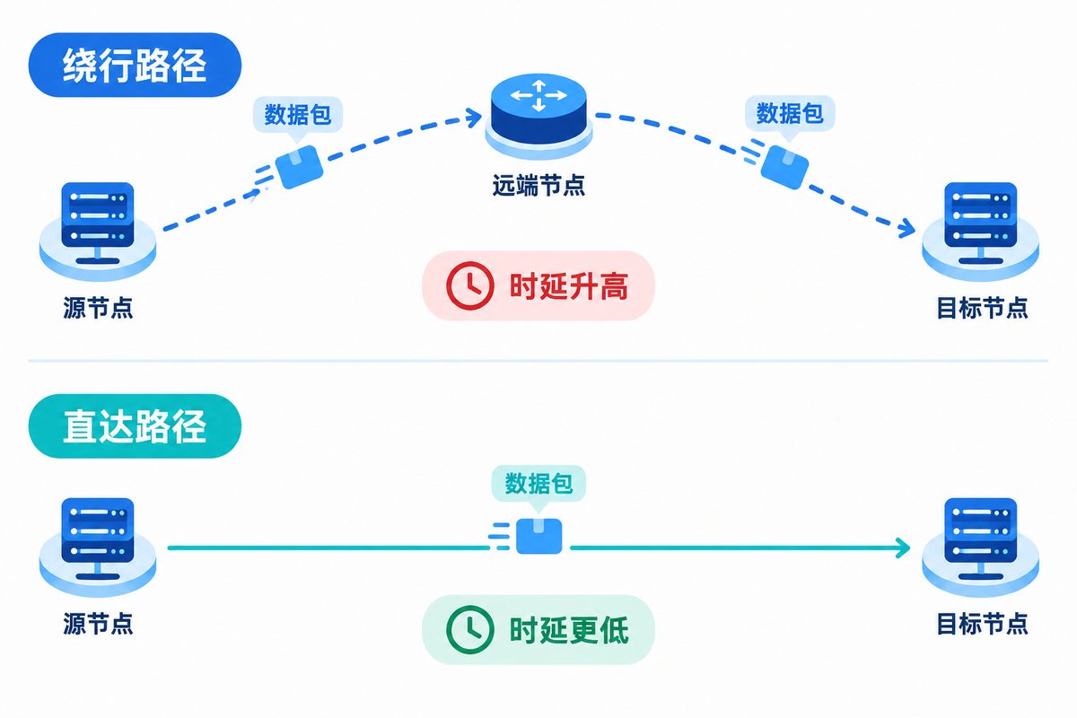 访问流量绕行远端节点导致时延增加的示意图