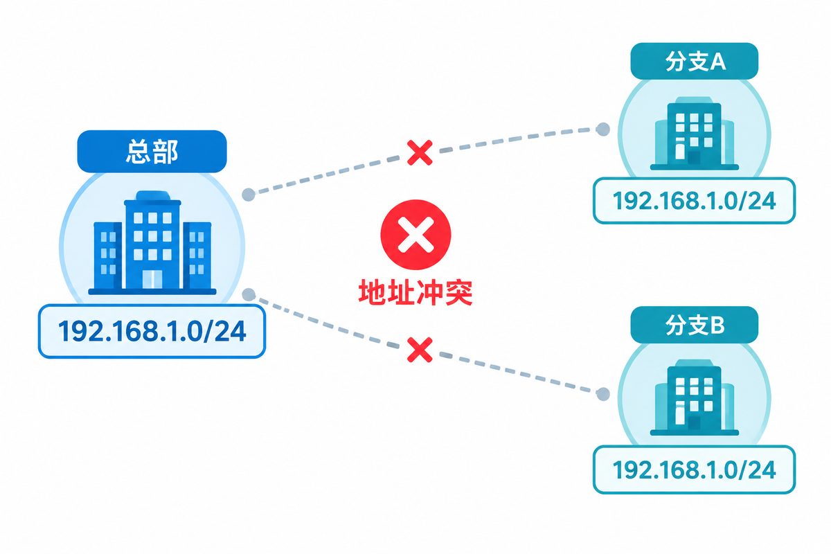 总部与两个分支使用相同内网网段导致冲突的示意图