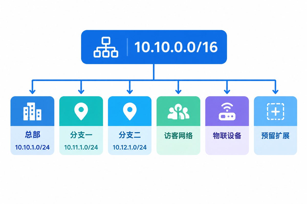 按站点划分不同内网网段并汇总的规划示意图