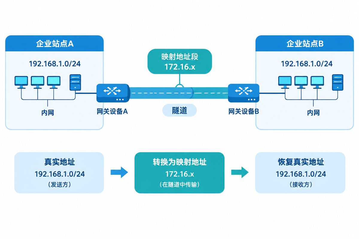 网关设备通过地址转换解决历史网段冲突的示意图