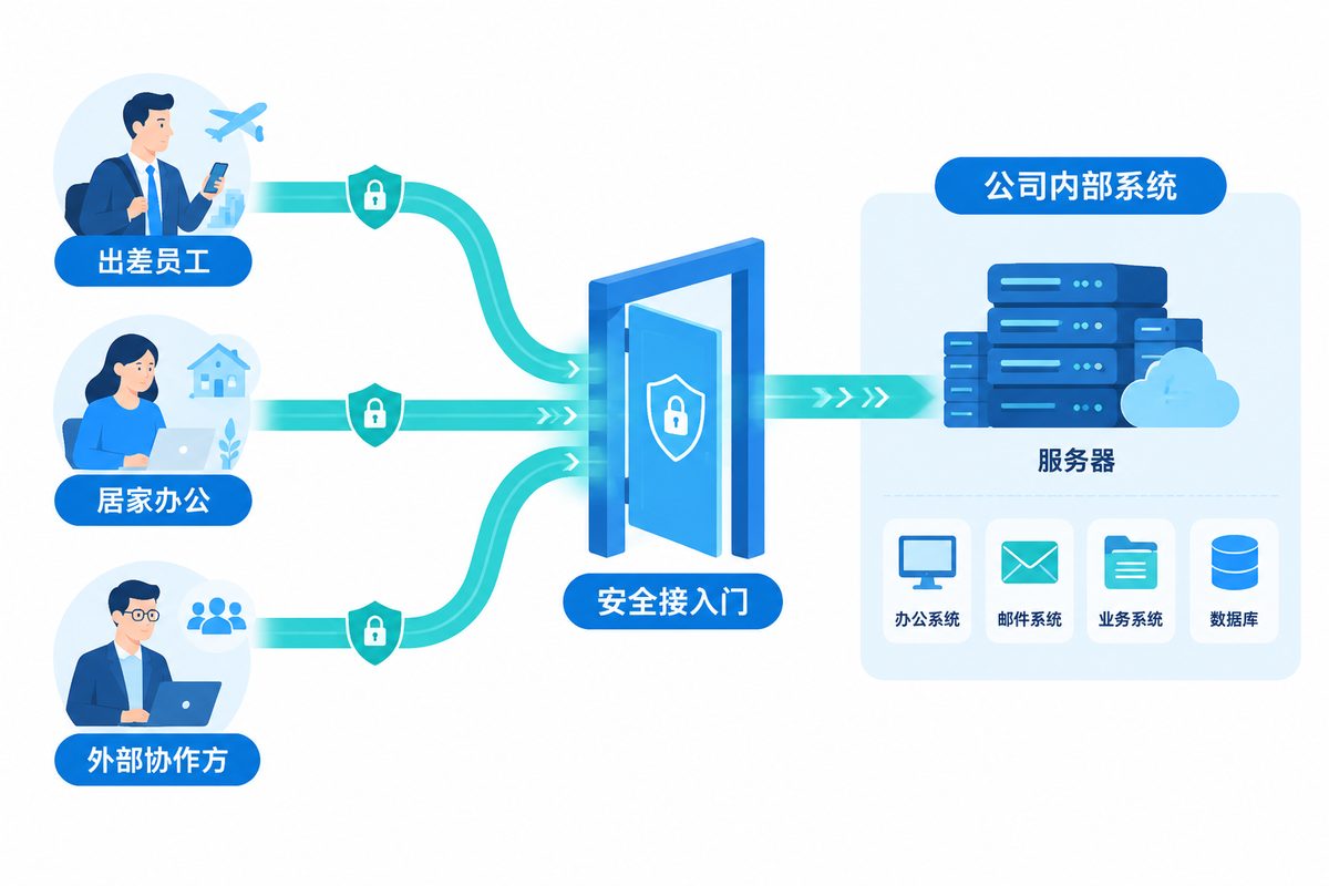 出差员工与居家办公人员远程访问公司内网的示意图