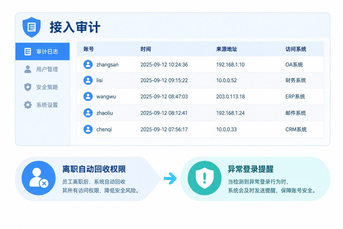 远程接入审计日志与账号回收流程的示意图