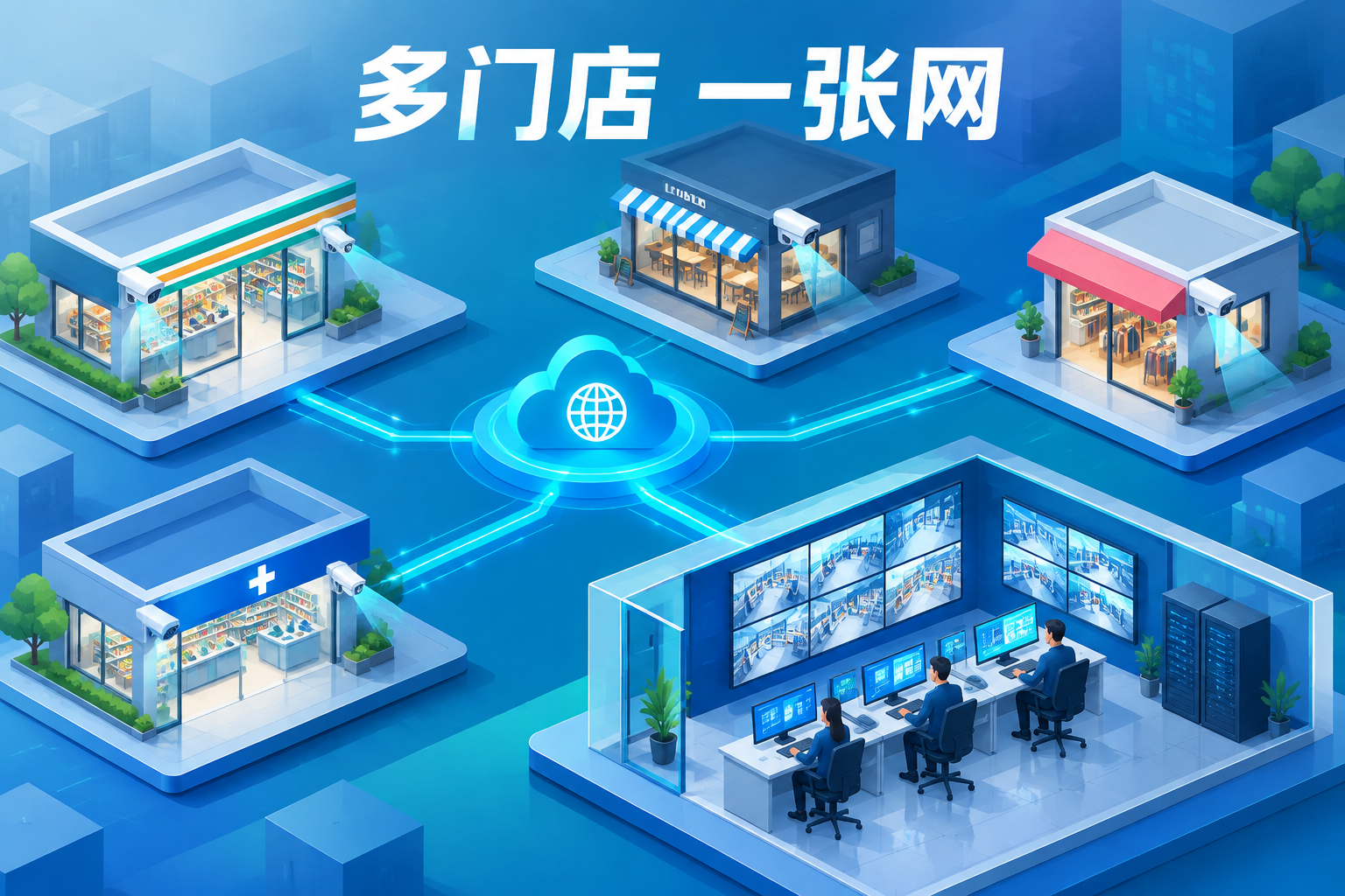 多门店监控画面通过云网络汇入总部监控中心的示意图