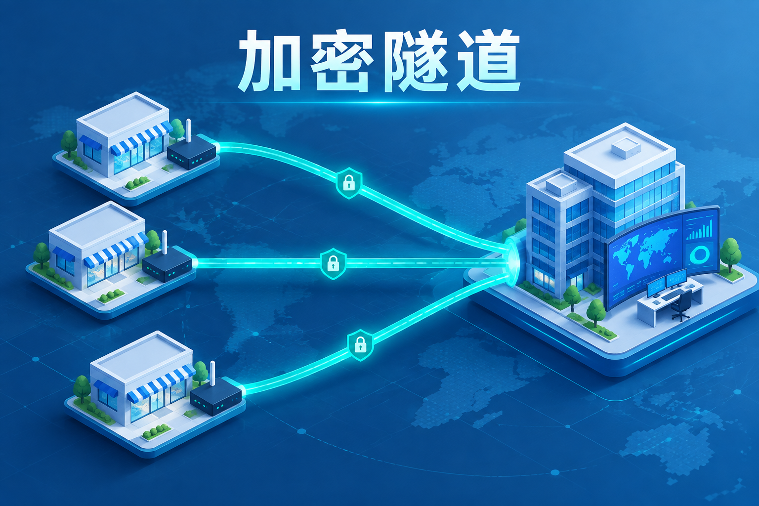 三个门店通过加密隧道接入总部跨域组网的拓扑示意图