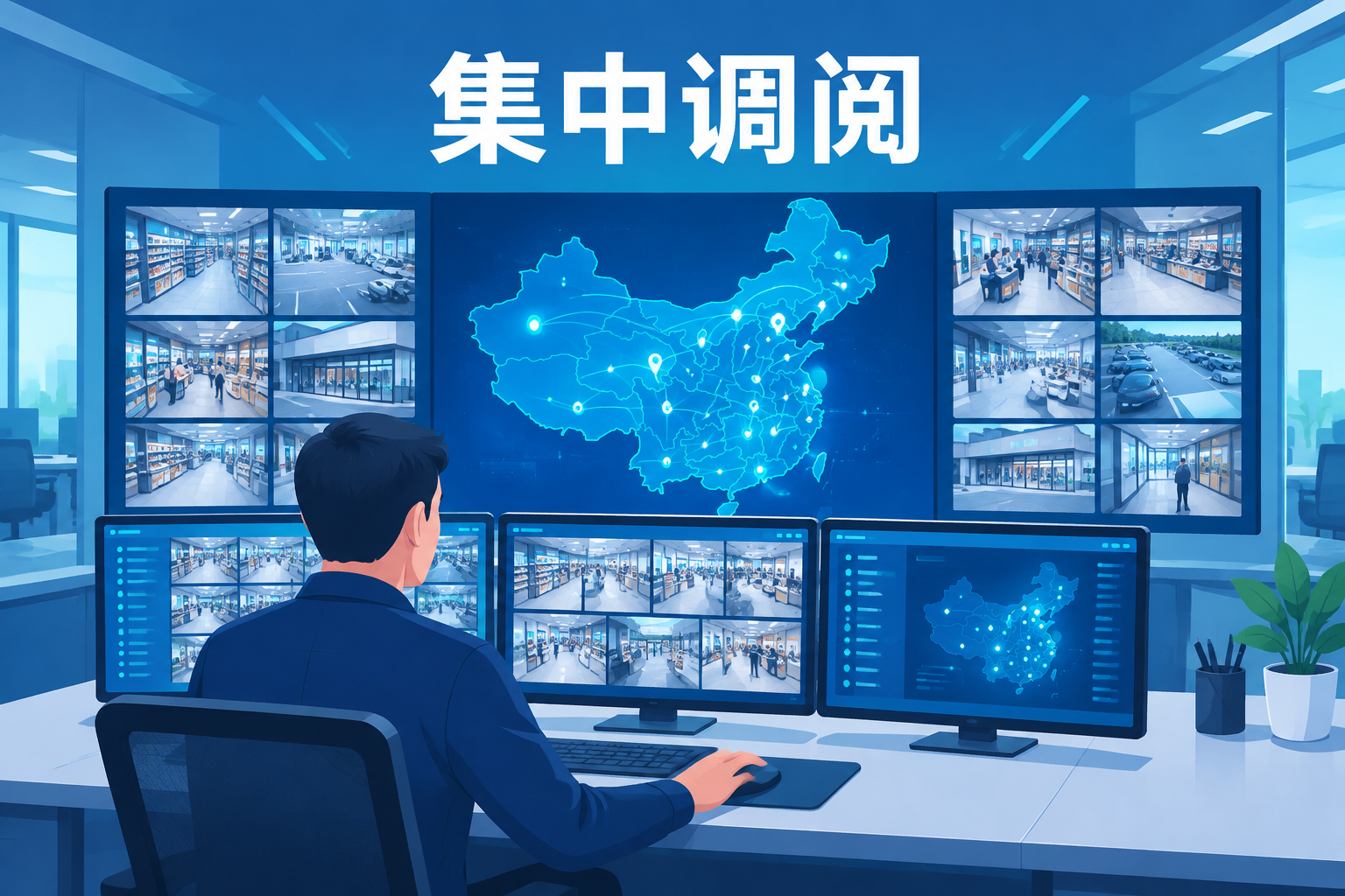 管理员在监控中心大屏上调阅全国门店摄像头画面的示意图