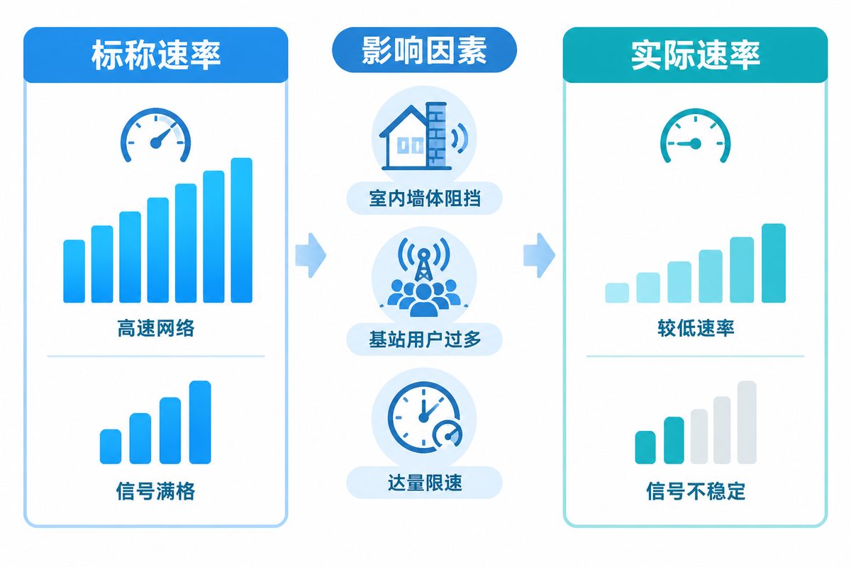 5G 信号强度与基站负载影响实际速率的示意图