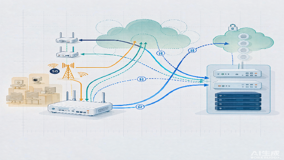 分支通过互联网、5G和加密 Overlay 连接总部与云资源的 SD-WAN 架构图