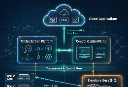 SD-WAN 边缘设备、控制器、编排平台、总部和云应用组成的整体架构
