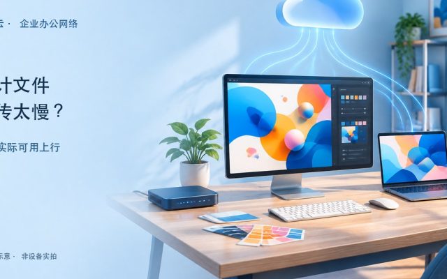 设计工作室文件上传的AI场景示意，桌面电脑与通用网络设备连接抽象云存储图形