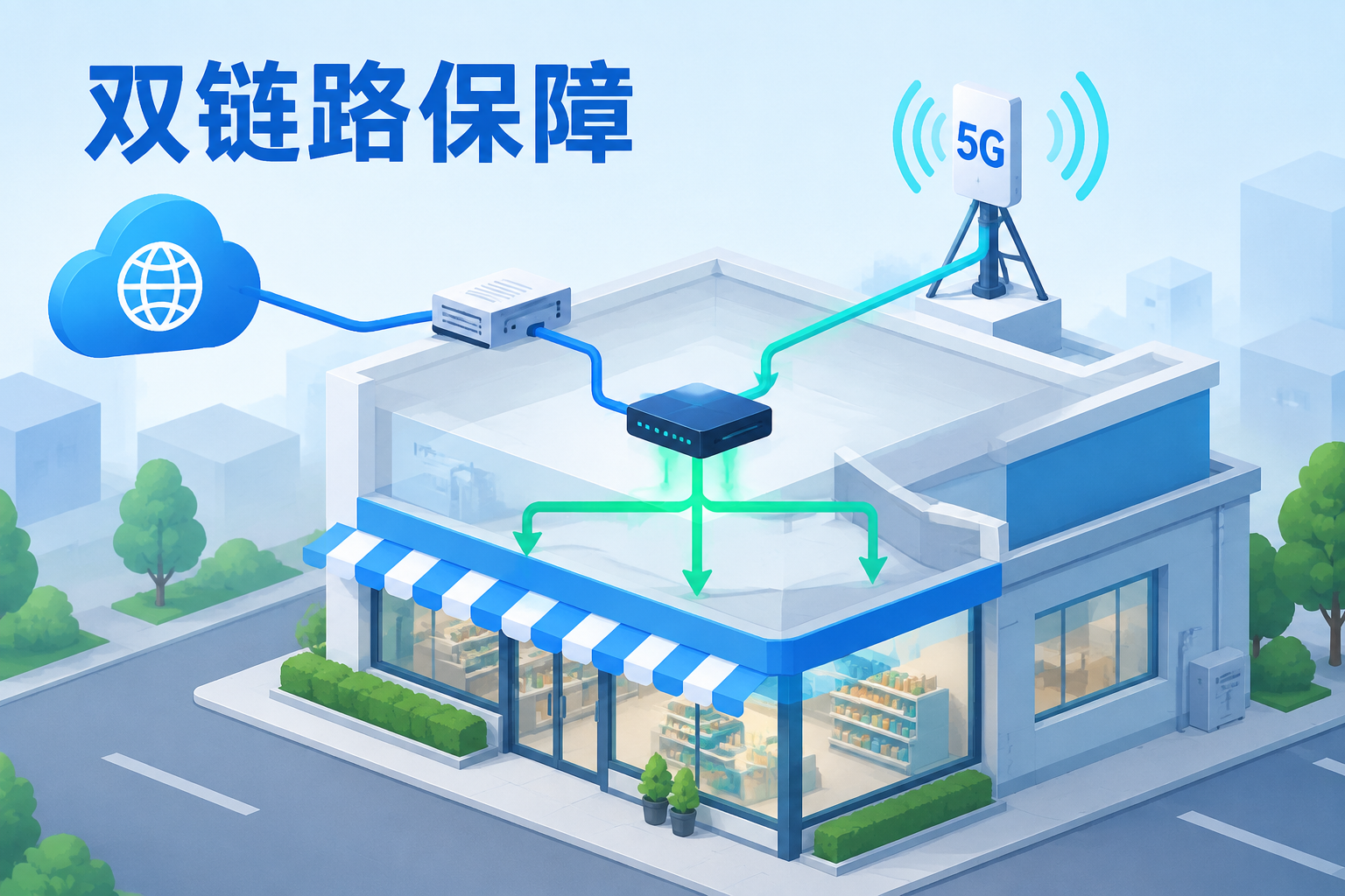 门店同时接入固定宽带与5G备份链路并汇入边缘设备的示意图