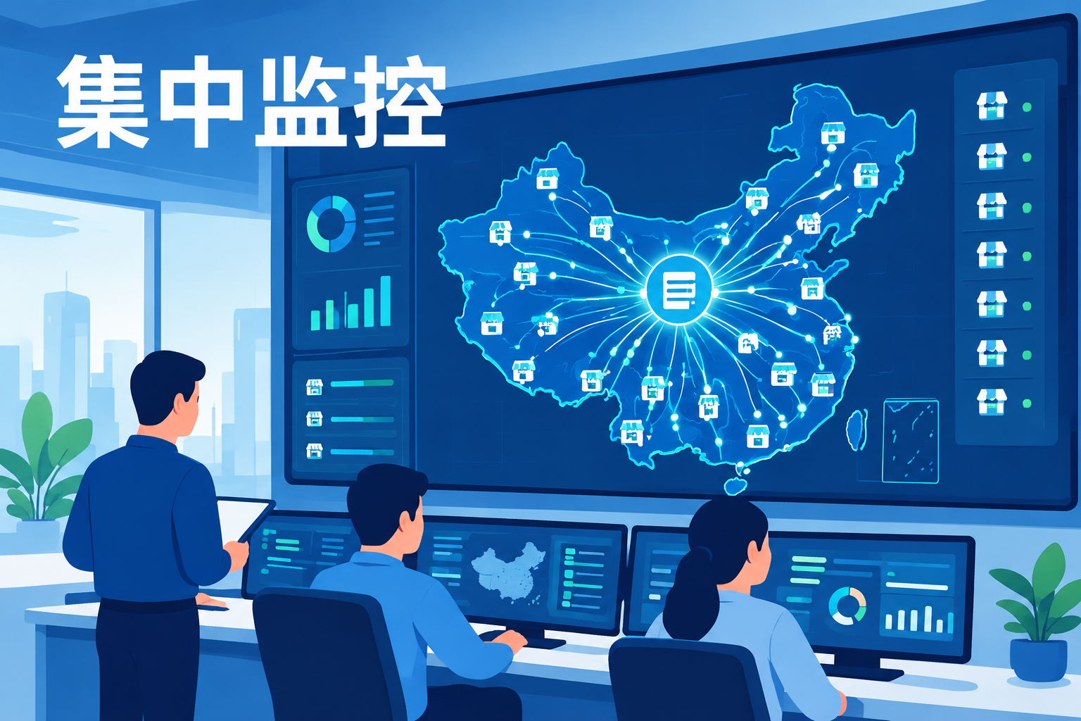 运维团队通过大屏查看全国门店网络链路健康状态的示意图