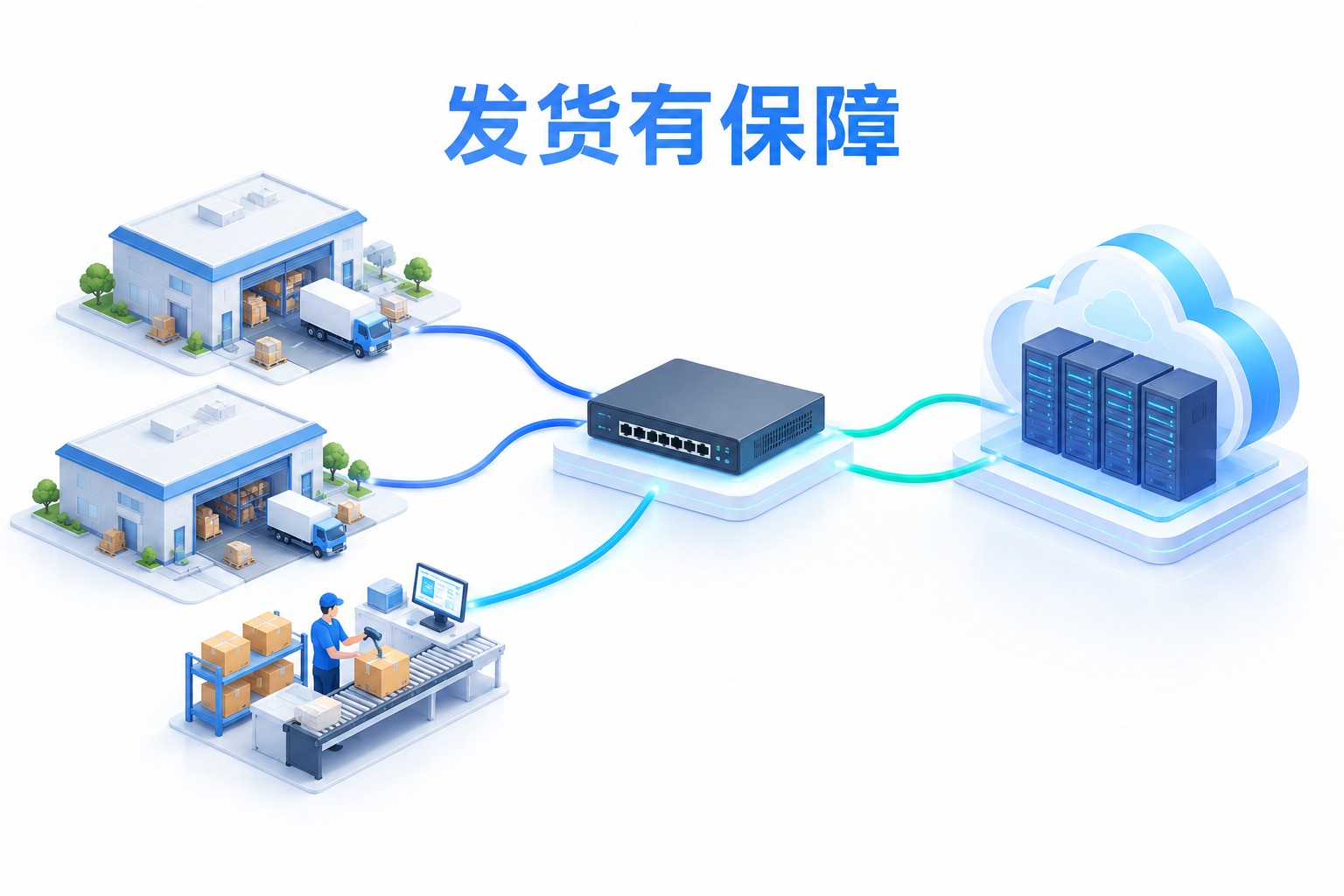 多个仓库经企业网络设备和多条连接访问云端系统的概念示意