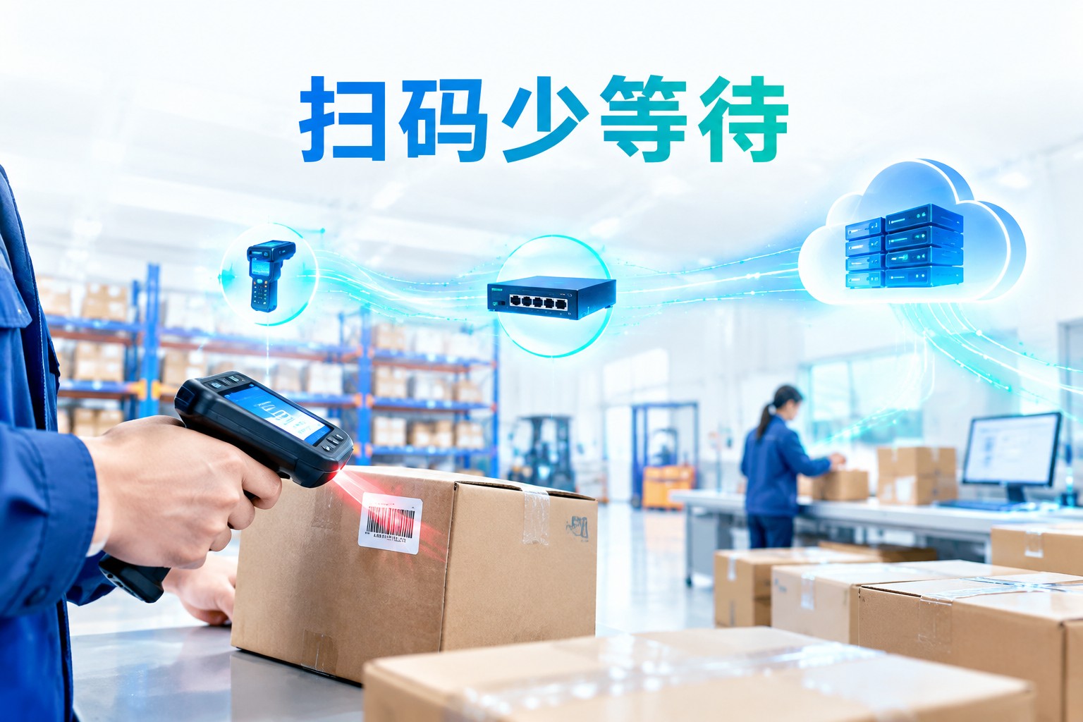 仓库工作人员使用PDA扫码,通过企业网络访问云端仓储系统的场景示意
